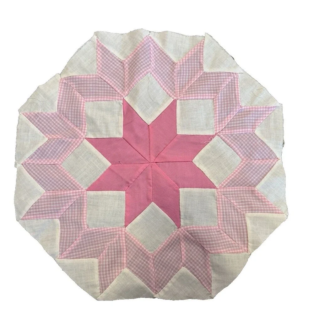 Vintage Hand Pieced Quilt Block Orphan Square 8-Point Star Pink 14